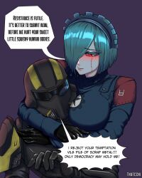 Rule 34 | 1girl, 1other, android, black gloves, breast press, commentary, english commentary, english text, gloves, green hair, hair over one eye, helldiver (helldivers), helldivers (series), helmet, highres, hug, military uniform, purple background, red eyes, short hair, simple background, thatcchi, uniform, upper body