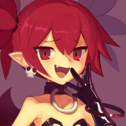 Rule 34 | 1girl, :d, black gloves, boa (brianoa), covering own mouth, disgaea, earrings, etna (disgaea), fang, glint, gloves, hand over own mouth, highres, jewelry, latex, latex gloves, looking at viewer, open mouth, pointy ears, red eyes, red hair, skull earrings, smile, smug, solo, twintails