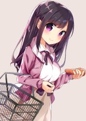 Rule 34 | 1girl, blouse, blush, breasts, brown hair, carrot, chikuwa., dress, food, holding, large breasts, long hair, looking at viewer, neck ribbon, original, ribbon, shirt, shopping basket, simple background, skirt, smile, solo, vegetable