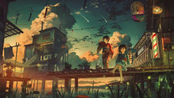 Rule 34 | 2girls, absurdres, air conditioner, barber pole, black hair, blue kimono, building, clock, cloud, commentary request, cumulonimbus cloud, fish, flower, hair flower, hair ornament, highres, house, japanese clothes, kimono, multiple girls, original, outdoors, plant, potted plant, red kimono, scenery, short hair, short sleeves, stairs, sugi87, water, wide sleeves, yukata