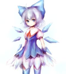 Rule 34 | 1girl, adapted costume, ahoge, amano jack, blue eyes, blush, bow, cirno, dress, expressionless, feather skirt, hair bow, ice, ice wings, large bow, looking at viewer, puffy short sleeves, puffy sleeves, short sleeves, silver hair, solo, thighhighs, touhou, wings, zettai ryouiki