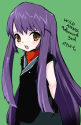 Rule 34 | 1girl, arm behind back, beatrice (wild arms), black dress, blush, brown eyes, character name, copyright name, dress, english text, engrish text, green background, long hair, nephilimax, open mouth, purple hair, ranguage, sidelocks, simple background, solo, very long hair, wild arms, wild arms 3