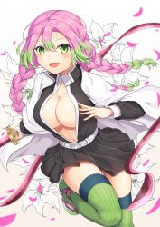 Rule 34 | 1girl, absurdres, belt, blush, braid, breasts, cleavage, commentary request, gradient hair, green eyes, green hair, green thighhighs, haori, highres, japanese clothes, ka03, kanroji mitsuri, kimetsu no yaiba, large breasts, long hair, looking at viewer, mole, mole under eye, multicolored hair, no bra, open clothes, open mouth, pink hair, skirt, smile, solo, thighhighs, uniform, white belt