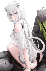 Rule 34 | 1girl, absurdres, ahoge, animal ear piercing, animal ears, ass, black choker, black nails, black panties, blush, bra strap, breasts, choker, ear piercing, from behind, grey eyes, grey hair, hair between eyes, highres, hololive, large breasts, lion ears, lion girl, lion tail, long hair, looking at viewer, looking back, loose clothes, loose shirt, official alternate costume, official alternate hairstyle, open mouth, panties, piercing, shirt, shishiro botan, shishiro botan (casual), single bare shoulder, sitting, smile, solo, ssrb (shishiro botan), t-shirt, tail, underwear, virtual youtuber, wanne, white shirt