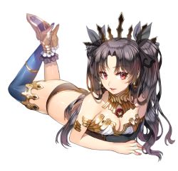Rule 34 | 1girl, arm rest, arm support, ass, bare arms, bare legs, bare shoulders, black gloves, black hair, black panties, black ribbon, blue thighhighs, breast rest, breasts, cleavage, crossed arms, crown, earrings, elbow gloves, fate/grand order, fate (series), female focus, ganik (pisshine), gem, gloves, hair ribbon, high heels, hoop earrings, ishtar (fate), jewelry, legs, legs up, lips, long hair, lying, medium breasts, midriff, nail polish, neck ring, on stomach, panties, pink nails, red eyes, revealing clothes, ribbon, simple background, single elbow glove, single glove, single thighhigh, smile, solo, strapless, the pose, thighhighs, thighlet, tohsaka rin, tongue, twintails, two side up, type-moon, underwear, white background