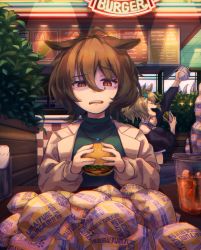 Rule 34 | + +, 2girls, :d, agnes tachyon (umamusume), ahoge, alternate costume, animal ears, brown hair, burger, casual, commentary request, cup, disposable cup, drink, drinking straw, ears down, food, food wrapper, hair between eyes, highres, holding, holding food, horse ears, horse girl, indoors, jacket, jewelry, long sleeves, multiple girls, necklace, open mouth, outstretched arm, puffy sleeves, raised eyebrow, red eyes, restaurant, short hair, sign, sitting, smile, solo focus, straight-on, sweater, taiki shuttle (umamusume), tenagaebi, too many, turtleneck, turtleneck sweater, umamusume, upper body, wrapper