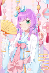 Rule 34 | 1girl, absurdres, blue bow, blue kimono, blue ribbon, bow, braid, closed mouth, commentary request, cowboy shot, ebi nana, folding fan, green eyes, hair bow, hand fan, hands up, highres, hinamatsuri, hirabitai, holding, holding fan, japanese clothes, kimono, long hair, long sleeves, looking at viewer, manaka laala, one eye closed, pink background, pink bow, pretty series, pripara, purple hair, ribbon, smile, solo, tassel, translation request, twin braids, wide sleeves