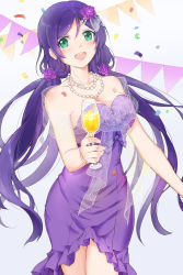 Rule 34 | 10s, 1girl, :d, blush, breasts, cleavage, confetti, cup, dress, drinking glass, female focus, flower, glass, green eyes, hair flower, hair ornament, highres, jewelry, kageis, large breasts, long hair, love live!, love live! school idol festival, love live! school idol project, necklace, open mouth, purple hair, smile, solo, strapless, strapless dress, tojo nozomi, twintails, very long hair, wine glass