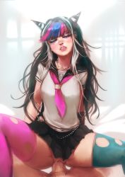 Rule 34 | 1boy, 1girl, artist request, black hair, blush, breasts, closed eyes, clothed female nude male, clothed sex, cowgirl position, danganronpa (series), decensored, girl on top, gothic lolita, hetero, highres, horns, jcm2, jewelry, lolita fashion, long hair, looking at viewer, mioda ibuki, multicolored hair, necklace, no panties, nude, penis, pov, pussy, school uniform, serafuku, sex, skirt, smile, spread legs, straddling, tagme, thighhighs, third-party edit, torn clothes, uncensored, vaginal