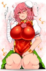 Rule 34 | 1girl, ;o, puff of air, ahoge, bandaged arm, bandages, blush, breasts, bun cover, chain, chinese clothes, covered erect nipples, cuffs, double bun, flower, green skirt, hair bun, highres, ibaraki kasen, index finger raised, large breasts, looking at viewer, one eye closed, open mouth, pink eyes, pink flower, pink hair, pink rose, puffy short sleeves, puffy sleeves, roki (hirokix), rose, scolding, seiza, shackles, short sleeves, sitting, skirt, solo, sweat, tabard, touhou, translation request