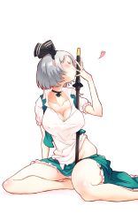 Rule 34 | 1girl, barefoot, between legs, black neckwear, breasts, cleavage, clothes pull, collarbone, covered erect nipples, closed eyes, heart, highres, katana, kiss, konpaku youmu, large breasts, non (z-art), object kiss, panties, pantyshot, puffy short sleeves, puffy sleeves, shirt, short hair, short sleeves, silver hair, simple background, sitting, skirt, skirt pull, solo, sword, thighs, touhou, underwear, weapon, white background, white panties, white shirt