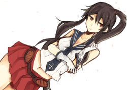 Rule 34 | 10s, 1girl, adjusting clothes, adjusting gloves, bare shoulders, black hair, chibirisu, gloves, kantai collection, looking at viewer, navel, necktie, ponytail, red eyes, sidelocks, skirt, solo, white gloves, yahagi (kancolle)