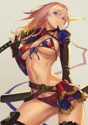 Rule 34 | 1girl, american flag bikini, american flag print, bikini, blue eyes, breasts, breasts apart, brown gloves, choker, commentary request, fate/grand order, fate (series), feet out of frame, fingerless gloves, flag print, front-tie bikini top, front-tie top, gloves, hair down, katana, large breasts, light smile, long hair, looking at viewer, miyamoto musashi (fate), miyamoto musashi (fate/grand order), miyamoto musashi (swimsuit berserker) (fate), miyamoto musashi (swimsuit berserker) (second ascension) (fate), navel, pink hair, pouch, print bikini, scabbard, sheath, skinny, solo, swimsuit, sword, tef, thigh pouch, thigh strap, weapon