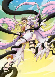 1girl angel angel_girl angel_wings angewomon ass barefoot billvicious blonde_hair covered_eyes digimon digimon_(creature) digimon_adventure feet foot_focus laughing long_hair open_mouth restrained soles tentacles tickle_torture tickling tickling_feet toes torn_clothes torn_shoes wings