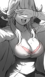 Rule 34 | 1girl, aru (blue archive), blue archive, blush, bra, breasts, cleavage, coat, coat on shoulders, covering privates, covering own eyes, deras, fur collar, gloves, greyscale, highres, large breasts, long hair, long sleeves, monochrome, open mouth, pink bra, selfie, shirt, sidelocks, simple background, skirt, solo, spot color, sweat, underwear
