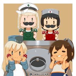Rule 34 | 4girls, alternate costume, black hair, blonde hair, blue eyes, brown eyes, brown hair, capriccyo, chibi, commentary request, cosplay, cropped jacket, fake facial hair, fake mustache, garrison cap, goggles, goggles on head, green eyes, hair ornament, hairband, hairclip, hand on own cheek, hand on own face, hat, highres, holding, holding mushroom, i-401 (kancolle), kantai collection, long hair, looking at viewer, luigi, luigi (cosplay), luigi torelli (kancolle), mario, mario (cosplay), mario (series), maru-yu (kancolle), multiple girls, mushroom, name connection, nameko (osawari tantei), nintendo, one-piece swimsuit, osawari tantei, overalls, peaked cap, ponytail, sailor collar, school swimsuit, shirt, short hair, smile, swimsuit, swimsuit under clothes, tan, twitter username, u-511 (kancolle), white hairband, white one-piece swimsuit, white school swimsuit, white shirt