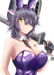 Rule 34 | 1girl, absurdres, arm at side, arm up, blush, breasts, collar, extra ears, eyepatch, eyes visible through hair, gloves, hair between eyes, headgear, highres, holding, holding weapon, kantai collection, large breasts, leotard, long hair, looking at viewer, messy hair, necktie, nipa (graf xsr900), no nose, partially fingerless gloves, playboy bunny, portrait, solo, sweat, sword, tenryuu (kancolle), upper body, wavy mouth, weapon, white collar, wrist cuffs, yellow eyes