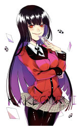 Rule 34 | 10s, 1girl, arm under breasts, bachi chan, black hair, black pantyhose, black ribbon, breast hold, breast rest, breasts, card, copyright name, fingernails, floating card, formal, highres, holding, holding card, jabami yumeko, jacket, kakegurui, lips, long hair, looking at viewer, miniskirt, multicolored hair, nail polish, pantyhose, poker chip, red eyes, red nails, red suit, ribbon, school uniform, signature, simple background, skirt, smirk, solo, standing, suit, suit jacket, two-tone hair, v, very long hair, white background