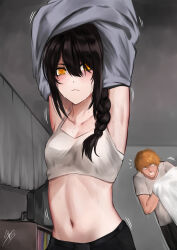 Rule 34 | 1boy, 1girl, absurdres, asarizer, bed sheet, black hair, bookshelf, bra, braid, breasts, chainsaw man, clenched teeth, commentary, curtains, denji (chainsaw man), frown, hair over one eye, hair over shoulder, highres, holding, holding sheet, navel, nayuta (chainsaw man), orange eyes, orange hair, ringed eyes, signature, single braid, small breasts, sweat, teeth, television, underwear, undressing, upper body, white bra