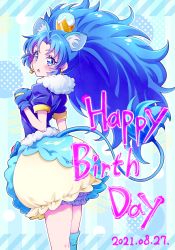 Rule 34 | 1girl, 2021, absurdres, animal ears, aqua thighhighs, asymmetrical legwear, bag, blue eyes, blue gloves, blue hair, blue skirt, blush, commentary request, crown, crown earrings, cure gelato, dated, earrings, eyelashes, fur, fur jacket, fur trim, gloves, happy birthday, highres, jacket, jewelry, kirakira precure a la mode, kyoutsuugengo, lion, lion ears, lion tail, long hair, looking at viewer, magical girl, mini crown, multicolored clothes, multicolored skirt, precure, skirt, socks, solo, standing, tail, tategami aoi, thighhighs, very long hair, yellow skirt