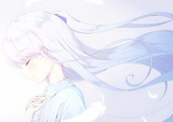 Rule 34 | 1girl, absurdres, angel beats!, blush, close-up, closed eyes, closed mouth, collared shirt, commentary request, eyelashes, feathers, floating hair, from side, hair between eyes, highres, long hair, okishiro, profile, shirt, short ponytail, sidelocks, simple background, smile, solo, tenshi (angel beats!), white background, white feathers, white hair, white shirt