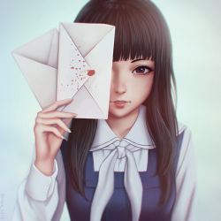 Rule 34 | 1girl, artist name, bad id, bad pixiv id, brown eyes, brown hair, collared shirt, copyright request, dress, fingernails, highres, holding, holding letter, letter, lips, long hair, long sleeves, looking at viewer, matching hair/eyes, miura-n315, neckerchief, nose, parted lips, pinafore dress, sailor collar, shirt, sleeveless, sleeveless dress, solo, teeth, twitter username, upper body, white neckerchief, white shirt