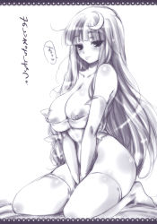 Rule 34 | 1girl, bare shoulders, breasts, crescent, crescent hair ornament, crescent moon, elbow gloves, female focus, gloves, hair ornament, highres, kneeling, kobayashi yoshitaka, large breasts, long hair, monochrome, moon, mukyuu, nipples, non-web source, patchouli knowledge, solo, thighhighs, thighs, touhou, translated, v arms