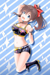 Rule 34 | 1girl, :d, belt, black footwear, black gloves, black shorts, blue background, blue eyes, bow, breasts, brown hair, cleavage, collarbone, crop top, eva 16-gouki, fingerless gloves, gloves, groin, hair between eyes, hair bow, half gloves, high ponytail, highres, idolmaster, idolmaster (classic), idolmaster million live!, idolmaster movie, jumping, long hair, medium breasts, midriff, navel, nipples, open mouth, red bow, satake minako, short shorts, shorts, smile, solo, star piece dreamer, stomach, striped, striped background