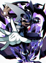 Rule 34 | 1boy, bass.exe (mega man), black bodysuit, bodysuit, cloak, double soul (mega man), emblem, energy weapon, fins, forehead jewel, gloves, green eyes, ground shatter, head fins, helmet, leg up, looking at viewer, male focus, mask, mcnr, mega man (series), mega man battle network (series), mega man battle network 5, megaman.exe, mouth mask, netnavi, outstretched arm, outstretched hand, purple background, solo, standing, standing on one leg, two-tone background, white background, white gloves