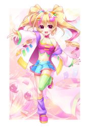 Rule 34 | 1girl, :d, ahoge, asymmetrical legwear, bad id, bad pixiv id, blonde hair, blue skirt, blush, breasts, rabbit hair ornament, choker, full body, green thighhighs, cube hair ornament, hair ornament, hairclip, highres, jacket, loose socks, midriff, multicolored hair, nail polish, navel, open mouth, original, outstretched hand, pink choker, pink eyes, pink footwear, pink hair, pink nails, purple thighhighs, skirt, small breasts, smile, socks, solo, standing, standing on one leg, streaked hair, thighhighs, thistle lapis, twintails, two-tone hair, uneven legwear, white jacket, zoom layer