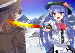 Rule 34 | 2girls, above clouds, black hat, blue hair, blush, bow, cloud, coat, day, e.o., facing another, food, from behind, fruit, hat, hinanawi tenshi, holding, holding sword, holding weapon, long hair, looking at another, mountain, multiple girls, open mouth, outdoors, peach, puffy short sleeves, puffy sleeves, red bow, red eyes, red ribbon, ribbon, short sleeves, sword, sword of hisou, teeth, touhou, usami renko, weapon, white ribbon