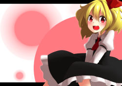 Rule 34 | 1girl, female focus, gradient background, highres, kameyan, letterboxed, open mouth, rumia, smile, solo, touhou, v arms, white background