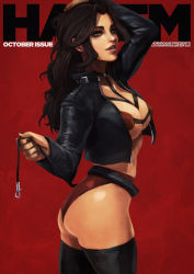 Rule 34 | 1girl, absurdres, asami sato, ass, avatar legends, belt, bikini, black hair, black thighhighs, breasts, brown eyes, cleavage, commentary, cover, cropped jacket, english commentary, eyelashes, eyeshadow, fake magazine cover, hand in own hair, highres, jacket, large breasts, leash, leather, leather jacket, lips, long hair, looking at viewer, loose belt, magazine cover, makeup, micro bikini, monori rogue, parted lips, red background, red bikini, solo, swimsuit, the legend of korra, thighhighs, underboob