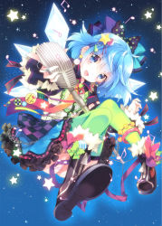 Rule 34 | 1girl, alternate costume, badge, blue eyes, blue hair, blush, bow, chain, cirno, colorful, dress, earrings, green thighhighs, hair ribbon, ice, ice wings, jewelry, matching hair/eyes, microphone, microphone stand, mottsun, musical note, open mouth, ribbon, short hair, smile, solo, star (sky), star (symbol), thighhighs, touhou, wings