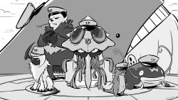 Rule 34 | absol, ben saint, chair, cloud, cracking knuckles, creatures (company), game freak, gen 1 pokemon, gen 3 pokemon, gen 6 pokemon, gen 7 pokemon, greyscale, gumshoos, hat, heart, highres, jellyfish, looking at viewer, monochrome, nintendo, no humans, panda, pangoro, pokemon, pokemon (creature), pokemon sm, signature, size difference, tail, teeth, tentacruel, throne, wailord, whiscash, white hair