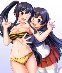 Rule 34 | 2girls, agano (kancolle), animal print, bikini, black hair, breasts, cleavage, commentary request, cowboy shot, eye contact, gradient background, green eyes, hug, hug from behind, jacket, kantai collection, long hair, looking at another, multicolored clothes, multicolored jacket, multiple girls, one eye closed, open mouth, pleated skirt, ponytail, red eyes, red skirt, sidelocks, skirt, strapless, strapless bikini, swimsuit, thighhighs, tiger print, track jacket, two-tone jacket, white background, white legwear, yahagi (kancolle), zanntetu