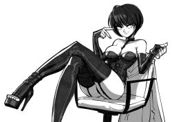 1girl black_hair boots breasts cleavage elbow_gloves fingerless_gloves gingrjoke gloves high_heels highres persona persona_5 platform_footwear platform_heels short_hair takemi_tae thighhighs toeless_footwear