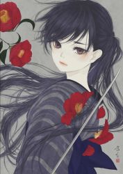 Rule 34 | 1girl, absurdres, black hair, black sash, brown eyes, camellia, check commentary, closed mouth, commentary, commentary request, cutting, floating hair, flower, from behind, from side, grey background, grey kimono, highres, japanese clothes, katana, kimono, leaf, long hair, looking at viewer, looking back, looking to the side, medibang paint (medium), obi, original, petals, ponytail, red flower, sash, seal impression, signature, simple background, solo, straight hair, striped clothes, striped kimono, sword, upper body, ushiyama ame, weapon