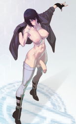 Rule 34 | 1futa, absurdres, black hair, blue eyes, boots, breasts, circumcision scar, clothes lift, futanari, ghost in the shell, gloves, highres, jacket, kusanagi motoko, large breasts, large penis, legs, muscular, muscular female, nipples, penis, solo, testicles