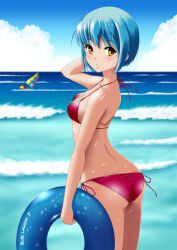 Rule 34 | 1girl, ass, beach, bikini, blue hair, blush, breasts, covered erect nipples, gradient background, highres, innertube, kaze makase, looking at viewer, looking back, original, short hair, small breasts, solo, standing, swim ring, swimsuit, wet, yellow eyes