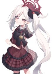 Rule 34 | 1girl, black shirt, blue archive, blush, commentary request, crop top, dress, dutch angle, frilled skirt, frills, from above, from behind, grey hair, grin, hair ornament, hair scrunchie, halo, highres, long hair, looking at viewer, looking back, looking up, mutsuki (blue archive), neck ribbon, neck ruff, pink eyes, plaid, plaid skirt, pointy ears, red dress, red ribbon, red skirt, ribbon, scrunchie, shirt, short sleeves, side ponytail, skirt, smile, smug, solo, standing, very long hair, wagashi928