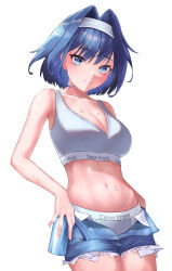 Rule 34 | 1girl, absurdres, blue eyes, blue hair, blue shorts, blush, breasts, calvin klein, cleavage, closed mouth, commentary, cowboy shot, cutoffs, denim, denim shorts, english commentary, grey panties, grey sports bra, hair intakes, hairband, highres, hololive, hololive english, kamome no yume, light frown, logo parody, looking at viewer, medium breasts, open clothes, open shorts, ouro kronii, panties, short hair, shorts, simple background, solo, sports bra, standing, sweat, underwear, virtual youtuber, white background, white hairband