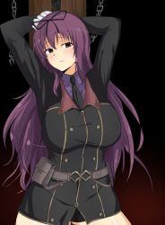 Rule 34 | 1girl, arms behind head, arms up, belt, belt pouch, black necktie, blush, bound, bound arms, breasts, chain, collared shirt, gloves, hair ribbon, highres, large breasts, long hair, looking at viewer, military, military uniform, murasaki (senran kagura), necktie, parted lips, pinepine1212, pole, pouch, purple eyes, purple hair, ribbon, senran kagura, senran kagura new link, shirt, solo, standing, uniform, white gloves