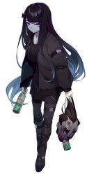 Rule 34 | 1girl, arm strap, bad id, bad twitter id, belt, belt buckle, black coat, black hair, black pants, blood, blue hair, bottle, bow, buckle, closed eyes, closed mouth, coat, commentary, death, full body, hair bow, highres, holding, holding bottle, holding head, kamameshi gougoumaru, long hair, long sleeves, looking at viewer, multicolored hair, original, pants, purple eyes, smile, solo, standing, sweat, thigh strap, very long hair, zombie
