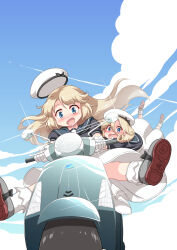 Rule 34 | :d, aircraft, airplane, blonde hair, blue eyes, blue sailor collar, blue sky, cloud, day, dress, floating hair, floating hat, futatsuki hisame, gloves, hat, highres, janus (kancolle), jervis (kancolle), kantai collection, legs up, light rays, motor vehicle, motorcycle, on scooter, open mouth, outdoors, parted bangs, riding, sailor collar, sailor dress, sailor hat, scooter, short hair, sky, sky, smile, spread legs, white dress, white gloves, white headwear