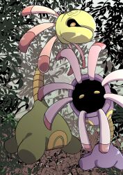 Rule 34 | absurdres, cradily, creatures (company), evolutionary line, expressionless, forest, game freak, gen 3 pokemon, grass, highres, lileep, looking at viewer, nature, nintendo, no humans, pokemon, pokemon (creature), simple background, solo, tentacles, tree, uranosaxia, yellow eyes