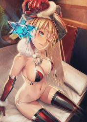 Rule 34 | 10s, 1girl, arm support, arm up, bikini, bismarck (kancolle), blonde hair, blue eyes, blush, breasts, brown gloves, cameltoe, christmas, cleavage, elbow gloves, gloves, hat, hexagram, highres, kantai collection, large breasts, long hair, mana (remana), micro bikini, navel, one eye closed, ornament, parted lips, peaked cap, side-tie bikini bottom, sitting, skindentation, smile, solo, star of david, swimsuit, thighhighs