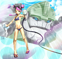 Rule 34 | &gt; &lt;, 1girl, armpits, bikini, black hair, blue bikini, blue sky, blush, brown eyes, bulkhead, closed eyes, cloud, dated, day, earrings, flat chest, gradient background, grin, holding, hose, jewelry, long hair, looking at viewer, low-tied long hair, lowleg, lowleg bikini, markmm, miko nakadai, multicolored hair, navel, outdoors, outline, outstretched arm, pink hair, polka dot, polka dot background, polka dot bikini, polka dot swimsuit, ponytail, red eyes, robot, sandals, short twintails, sky, smile, soap, soap bubbles, sponge, standing, swept bangs, swimsuit, transformers, transformers prime, twintails, two side up, water