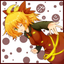 Rule 34 | 1girl, bad id, bad pixiv id, blonde hair, blush, border, bow, brown eyes, dress, fang, female focus, fingernails, gesture, hair bow, kurodani yamame, kyou (gary moore), one eye closed, open mouth, outstretched arm, outstretched hand, ponytail, red border, short hair, smile, solo, touhou, wink, yellow eyes