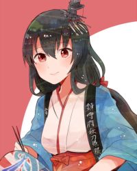 Rule 34 | 10s, 1girl, alternate costume, alternate hairstyle, bad id, bad twitter id, chopsticks, eyebrows, fusou (kancolle), grill, hair between eyes, hair ornament, hand fan, itomugi-kun, japanese clothes, kantai collection, looking at viewer, multicolored background, paper fan, red eyes, shichirin, simple background, smile, solo, upper body